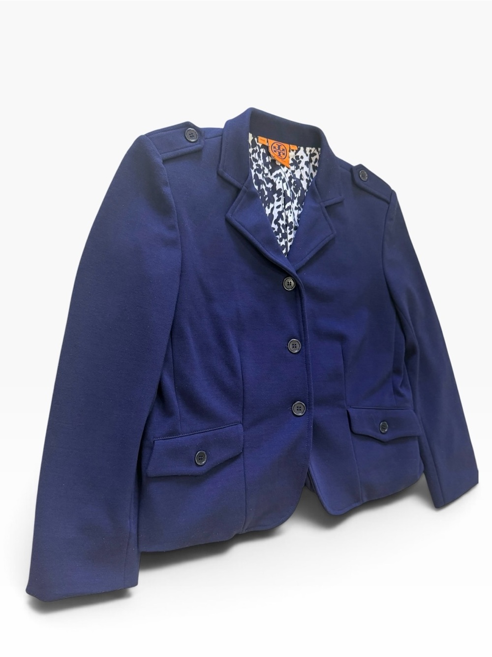 Tory Burch Navy Stretch Knit Military Blazer Jacket XS Printed Lining Epaulets - Picture 4 of 11